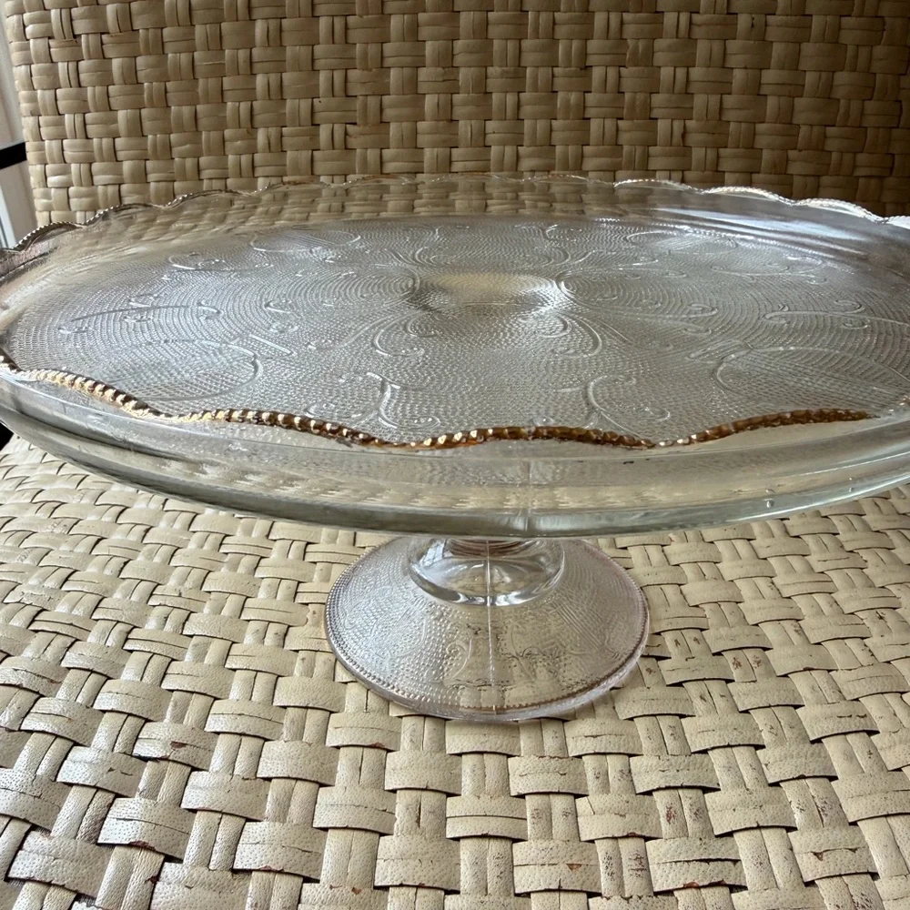 Antique  Glass Cake Stand Art Deco Ruffled Edge Musicsl Instruments 1950’s